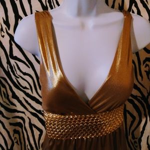 5/$25 Girl Talk gold deep v-neck, empire waisted tank.